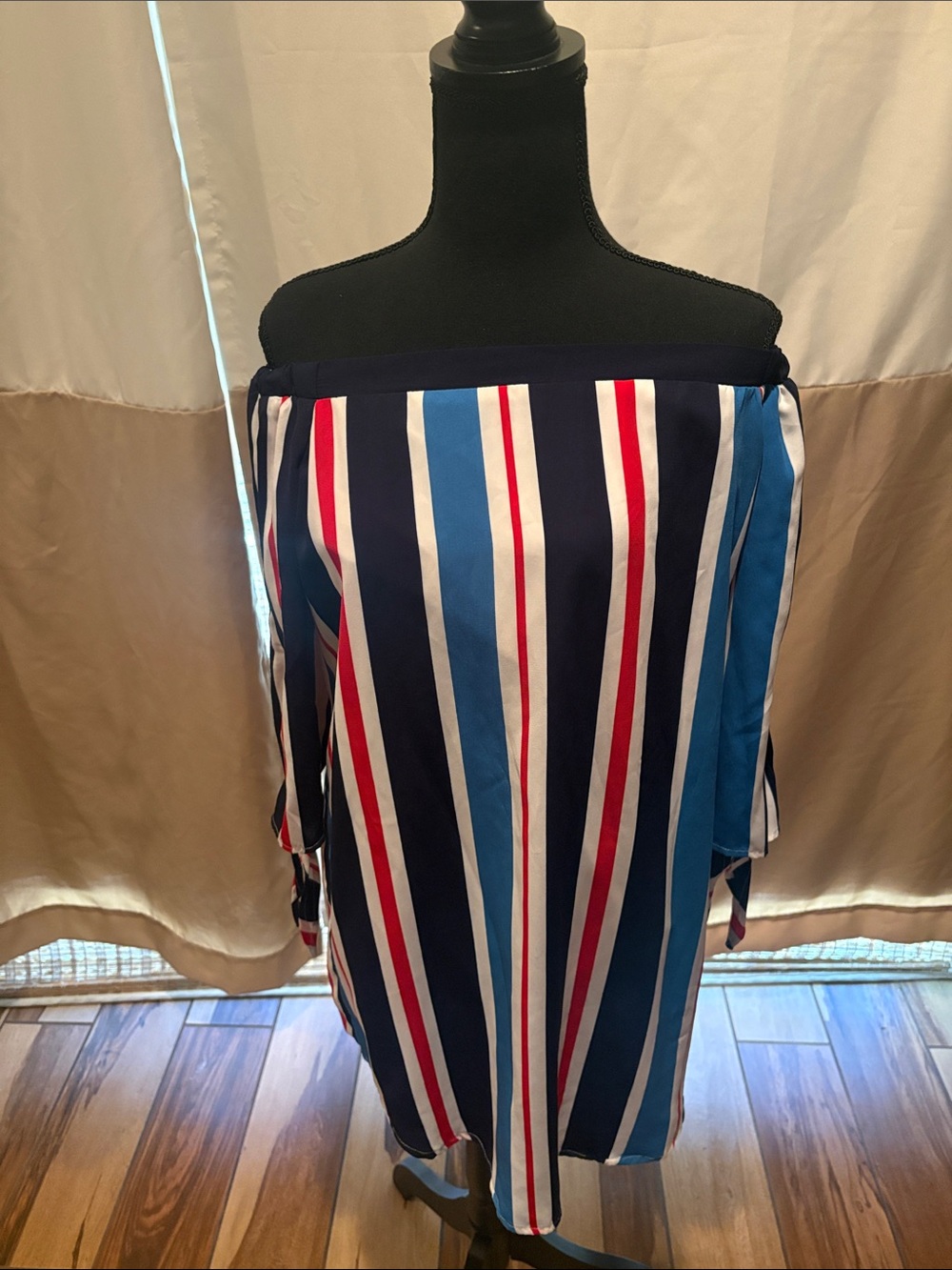 Forever 21 Navy, White, Red & Blue Vertical Stripe Off-Shoulder Dress